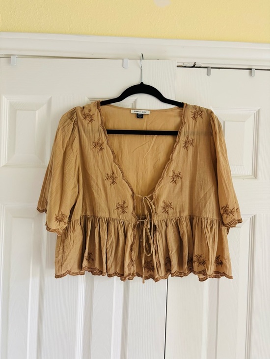 American Eagle Outfitters Tops - Embroidered Peplum Tie-Front Women's Top in Camel